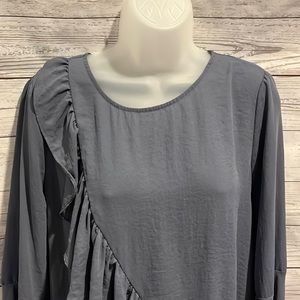 Pleione Slate Blue Ruffle Blouse! Flowy with bell sleeves & crisscross ruffle M